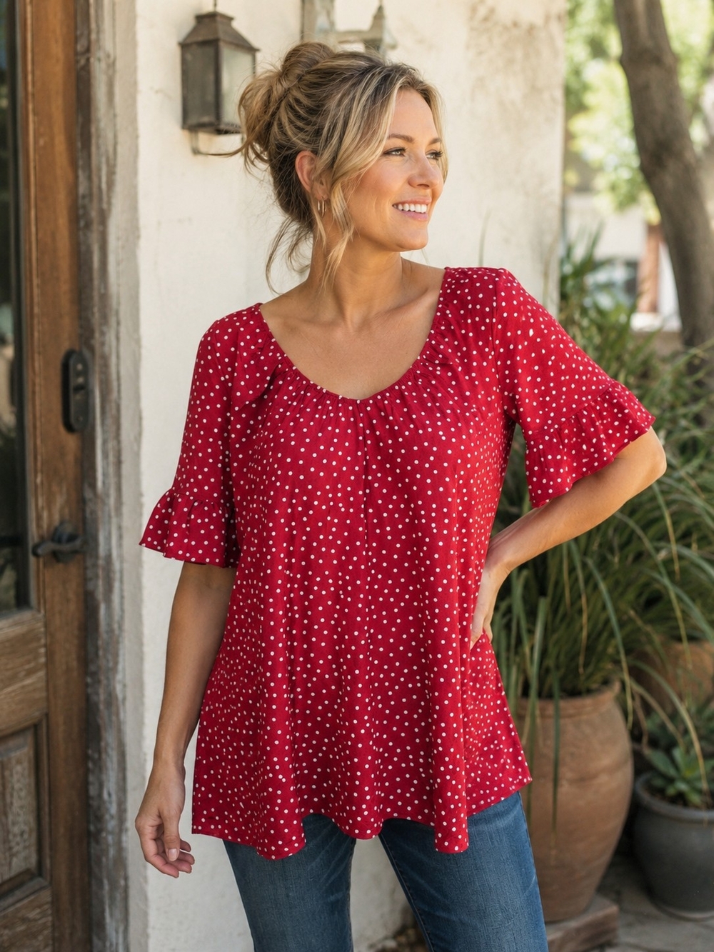 Suzanne Betro Signature Red Polka Dot Ruffle Sleeve Tunic Blouse Size M NWT